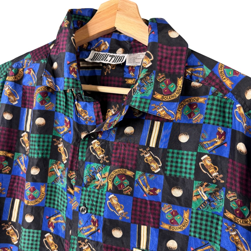Addiction Mens Vintage 100% Silk Golf Novelty Print Short Sleeve Shirt‎ Small